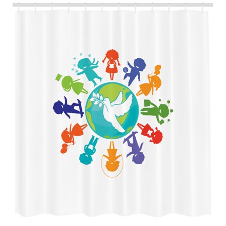 Youth Shower Curtain Cute Children Silhouettes Around The World