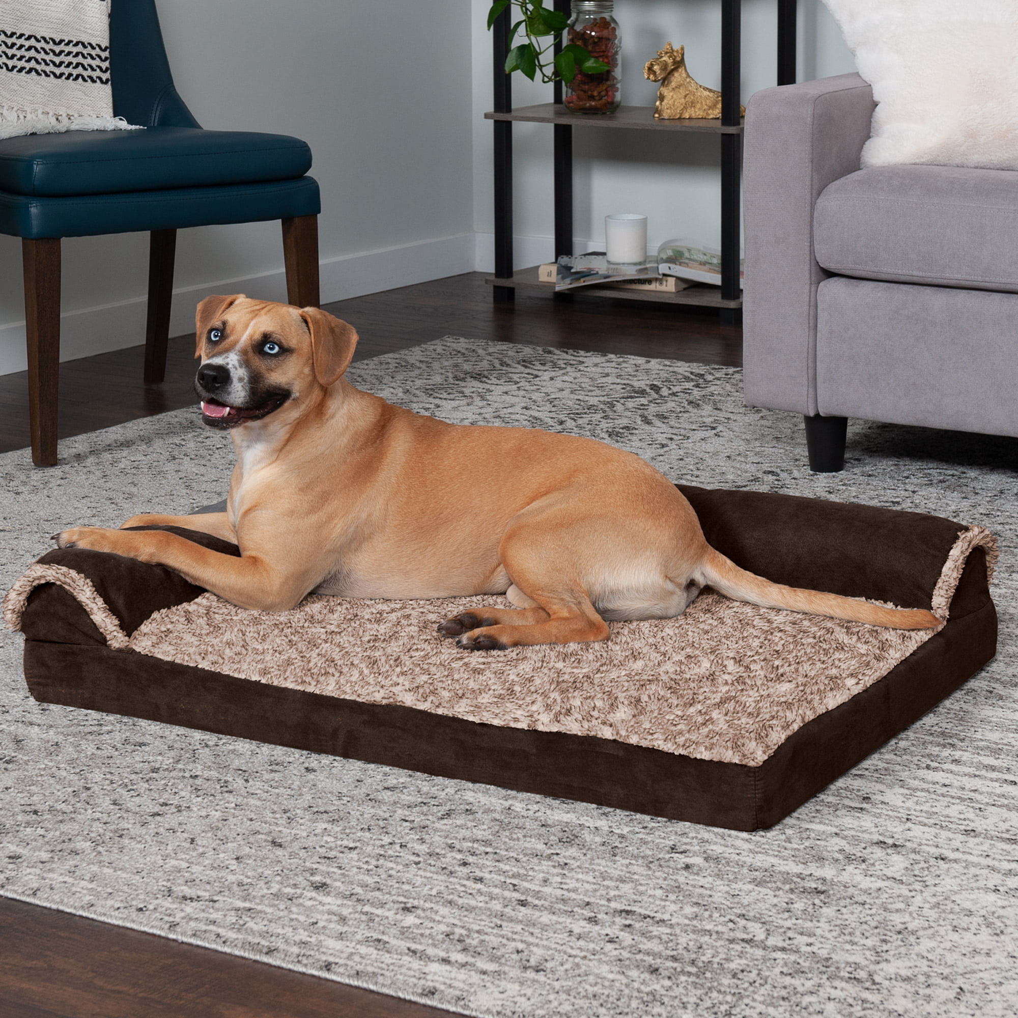 FurHaven Pet Products Two-Tone Faux Fur & Suede Cooling Gel Top Deluxe Chaise Lounge Pet Bed for Dogs & Cats - Espresso, Large