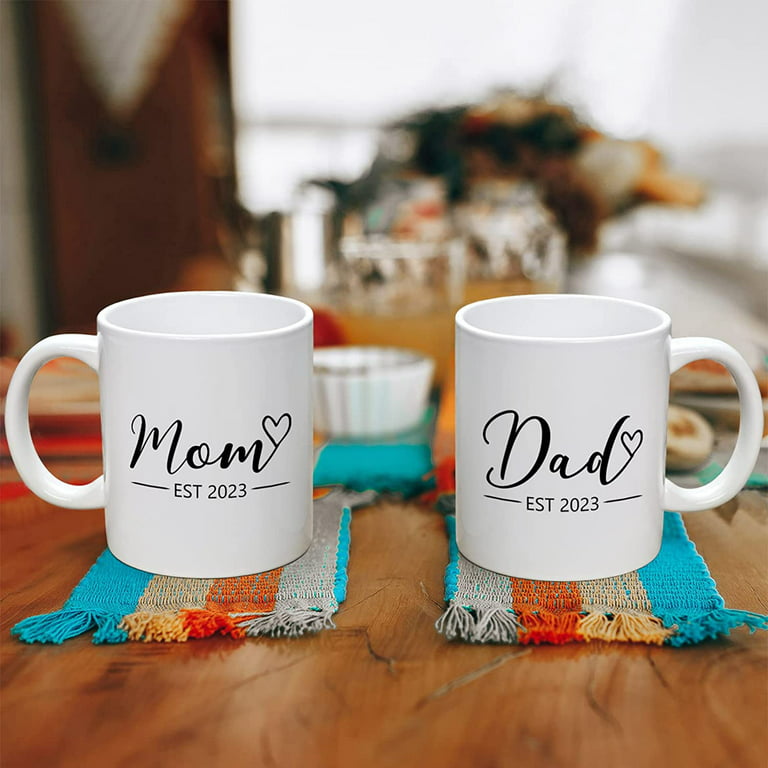 Modwnfy Mom and Dad Mugs, Mom Dad Est 2023 White Ceramic Cup Mugs Set, 11  fl oz Coffee Mugs 
