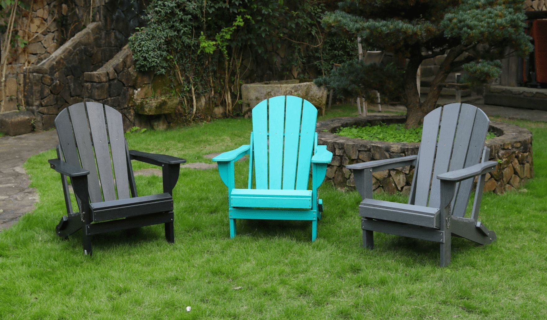 LiviNest HDPE Folding Adirondack Chair: 380lb Capacity All-Weather Patio Chair - Dual Cup Holders for Backyard Camping Poolside - Wood-Like Black Outdoor Seating