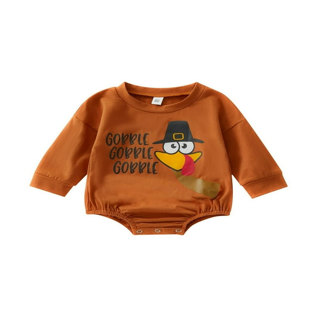 Barboteuse de l\'Action de Grâce pour Bébés Garçons et Filles, Manches Longues, Col Ras du Cou, Imprimé de Lettres et de Dinde