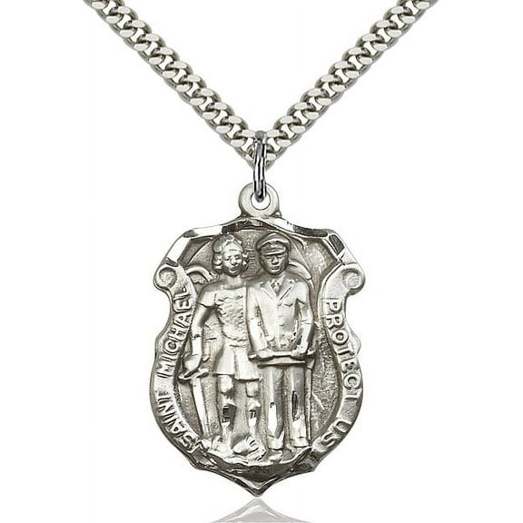 Sterling Silver St. Michael the Archangel Pendant 1 1/4 x 7/8 inches with Heavy Curb Chain