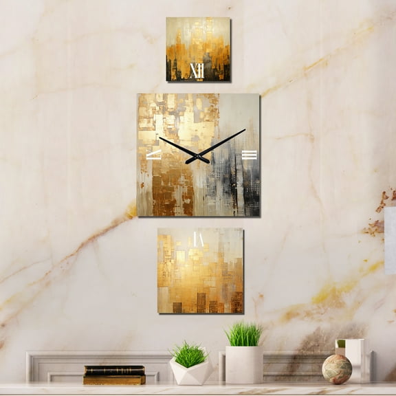 Designart "Gilded Lattice Urban Skyline" Skyscrapers Oversized Wall Clock - Set Of 3 - Extra large Industrial Clock For Office Décor - Large Vertical Clock