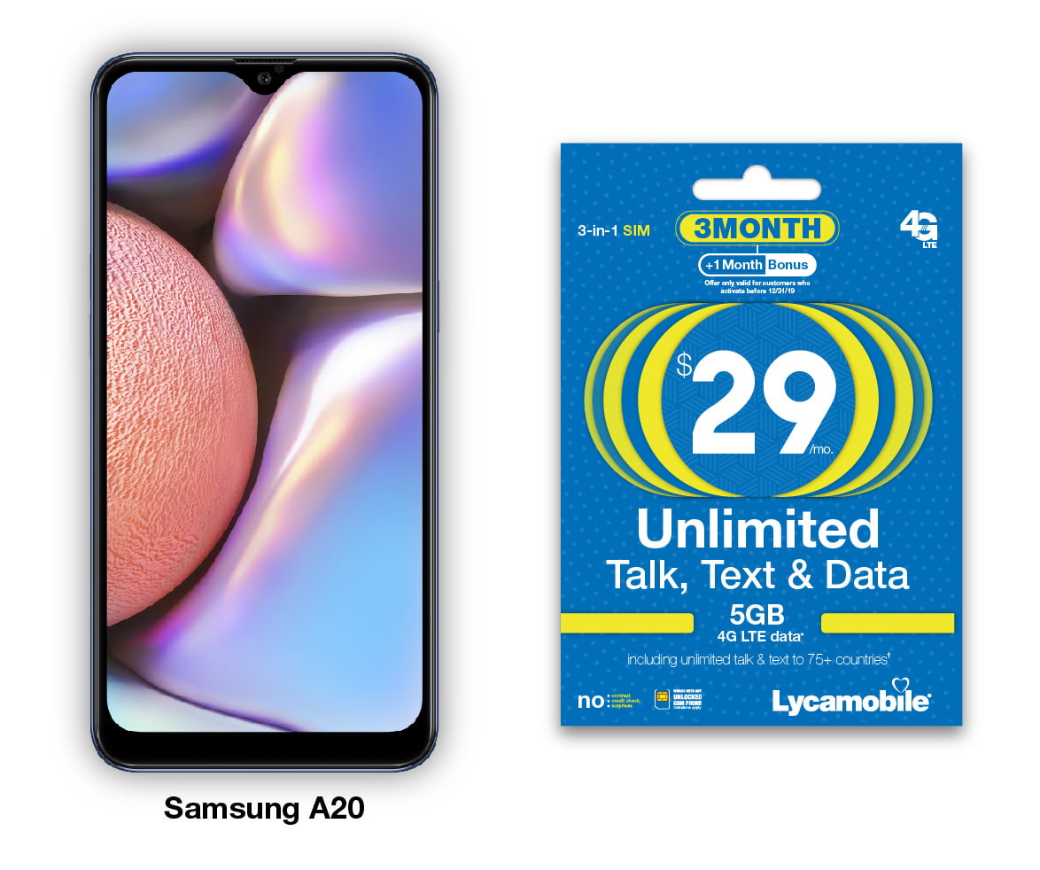 Lycamobile Samsung Galaxy A20 32GB Prepaid Smartphone with 3 Months of service included