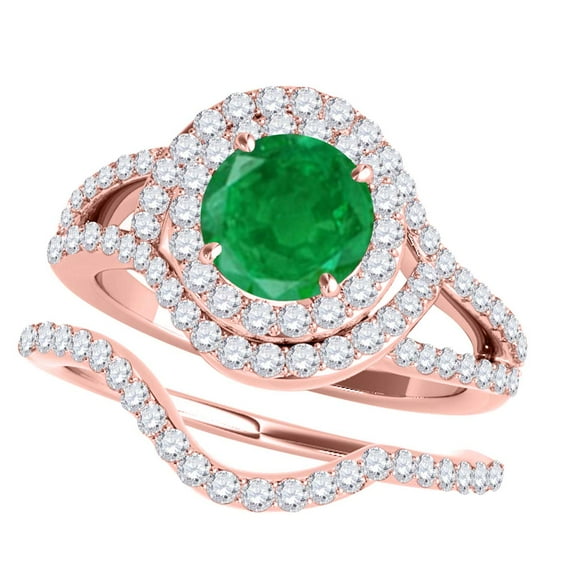 Mauli Jewels Engagement Rings for Women 1.91 Carat Halo Split Shank Interwined Design Emerald Diamond Bridal Set prong 14k Rose Gold