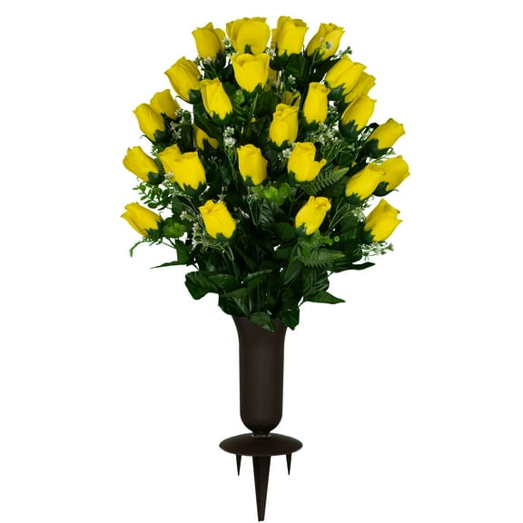 Sympathy Silks Artificial Cemetery Flowers Yellow Rose Buds Sympathy Silks Plastic Grave Vase with Spikes