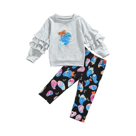 

JYYYBF 1-6Y Halloween Kids Girls Clothes Set Cartoon Ghost Print Grey Round Collar Ruffle Long Sleeve Pullover and Black Trousers Grey 5-6 Years