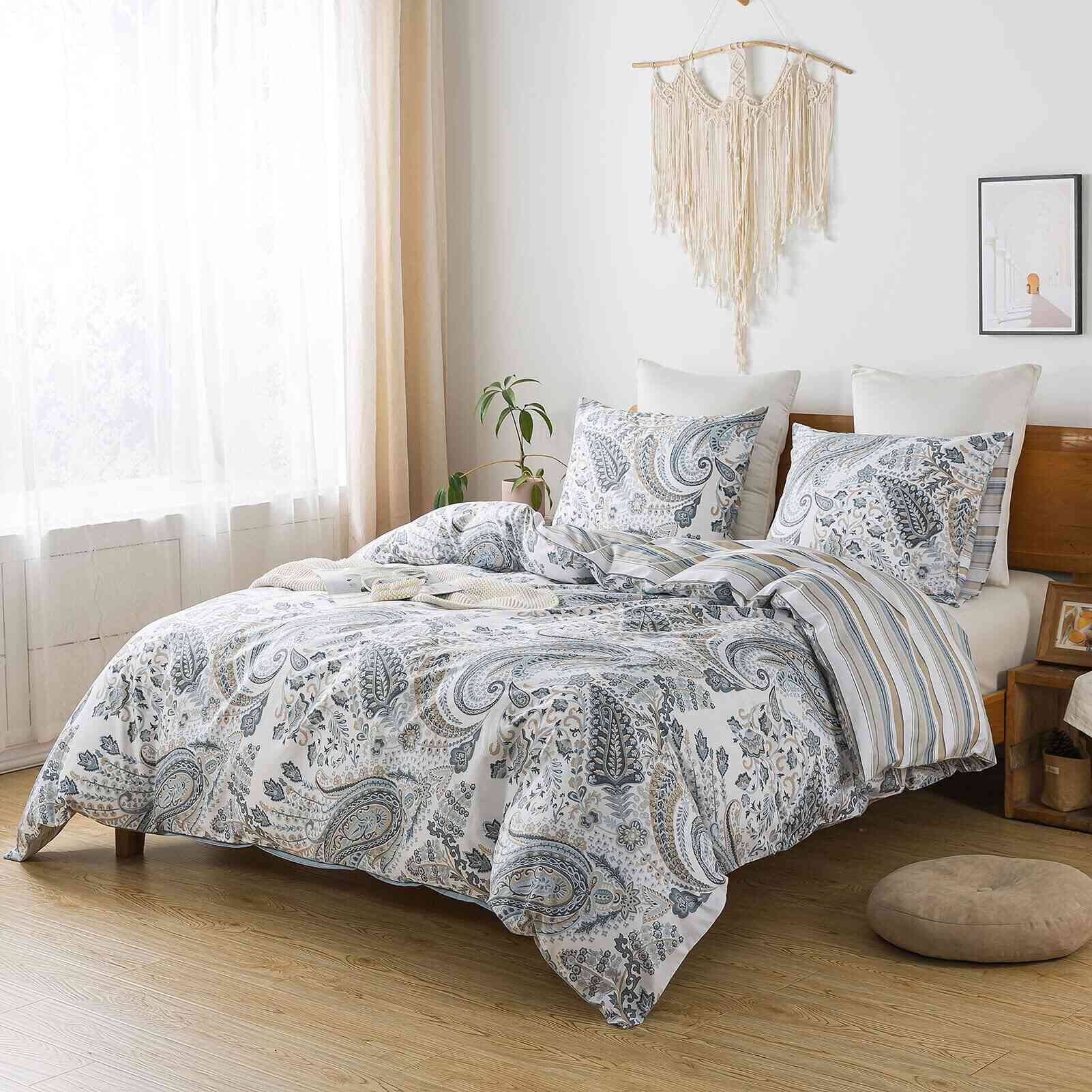 HoneiLife 3pc Duvet Cover King Size - 100% Cotton Comforter Floral Breathable Duvet Cover with Zipper Closure & Corner Ties, Dark Grey