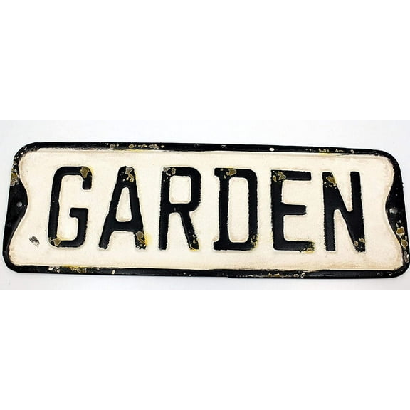 Large "Garden" Embossed Black on Distressed White Enamel Metal Street Sign - Wall - Matte Finish