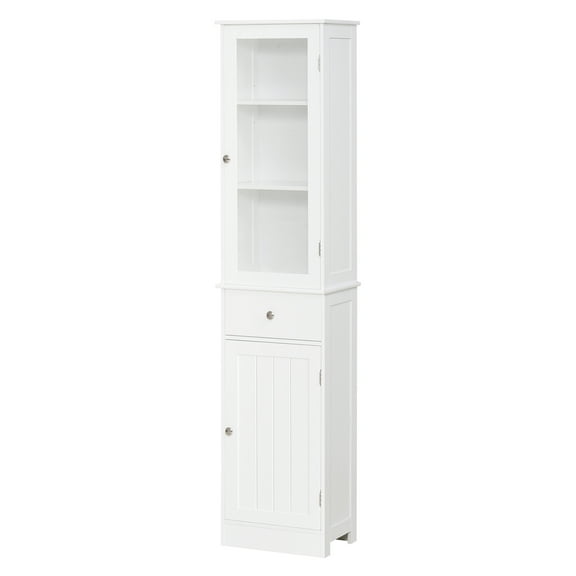 kleankin Slim Bathroom Storage Cabinet, Tall Bathroom Cabinet, Narrow Linen Tower with Acrylic Door, Drawer and Shelves, White