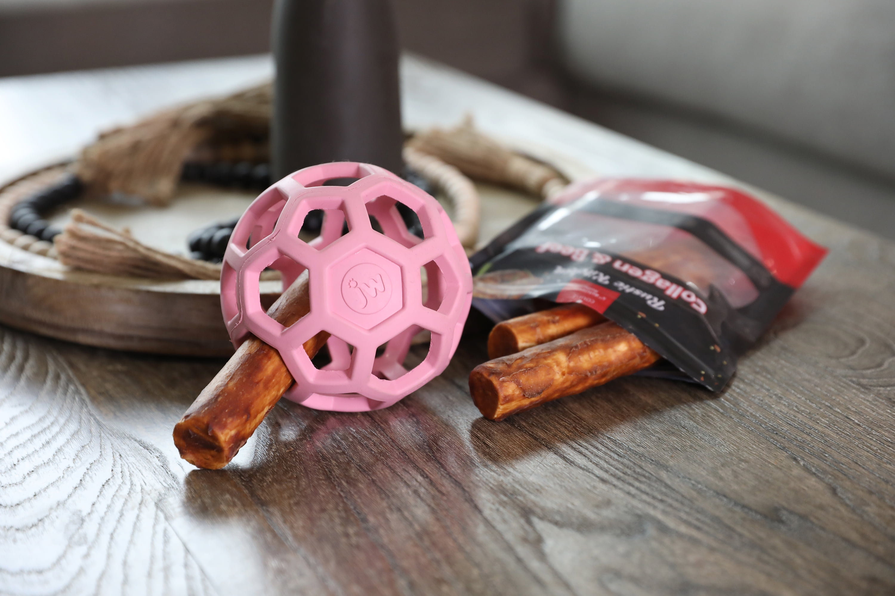 JW HOL-ee Roller™ Tug and Fetch Treat Dispenser Puzzle Ball Dog Toy, Natural Rubber, Medium 4.5" for Dogs 20 to 60 lb, Pink, Pack of 1