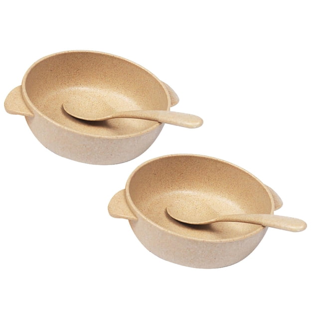 Oleegame 2PC Stainless Steel Cutlery Set 2Pcs/Set Baby Feeding Food Wheats Handled Bowl Spoon Training Tableware Beige