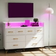 thumbnail image 1 of Meuble Télé de 55 Pouces avec Lumières RVB et Station de Recharge, Commode à DEL Synchronisée avec la Musique Contrôlée par Application, Table Console Télé en Bois à 8 Tiroirs Larges pour l'Organisation de la Chambre, du Garde-Robe, du Salon, 1 of 8