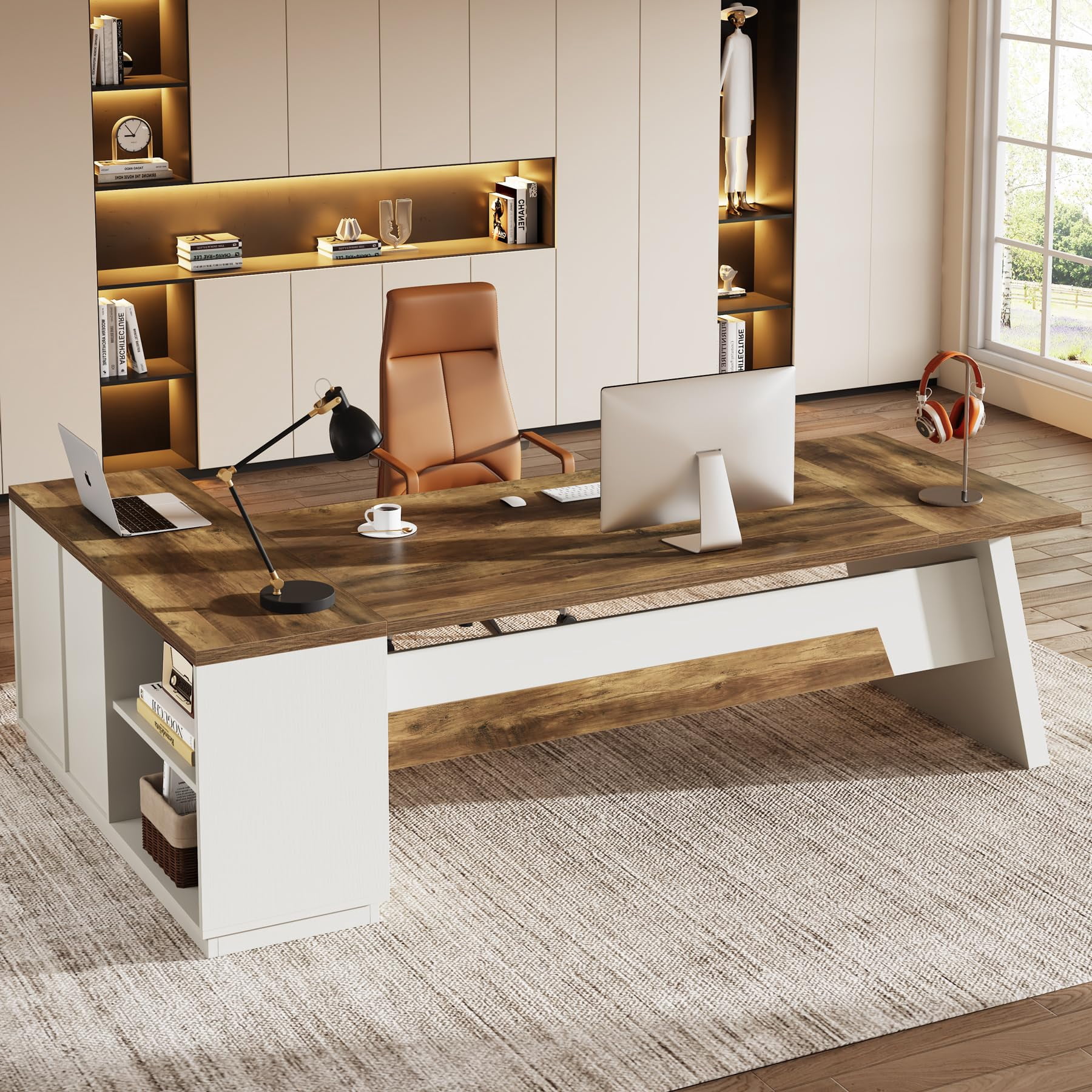 Tribesigns 78-Inch L-Shaped Executive Desk, Large Office Desk with Drawers and Lateral File Cabinet, Modern Computer Desk for Home Office, Brown & White
