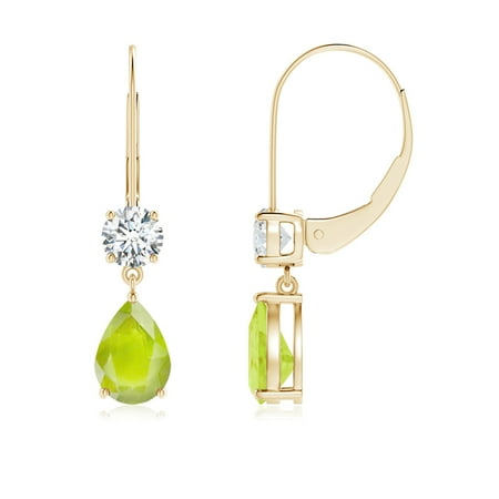 August Birthstone Earrings Pear Peridot Leverback Drop August Birthstone Earrings Pear Peridot Leverback Drop With Diamond In 14k Yellow Gold