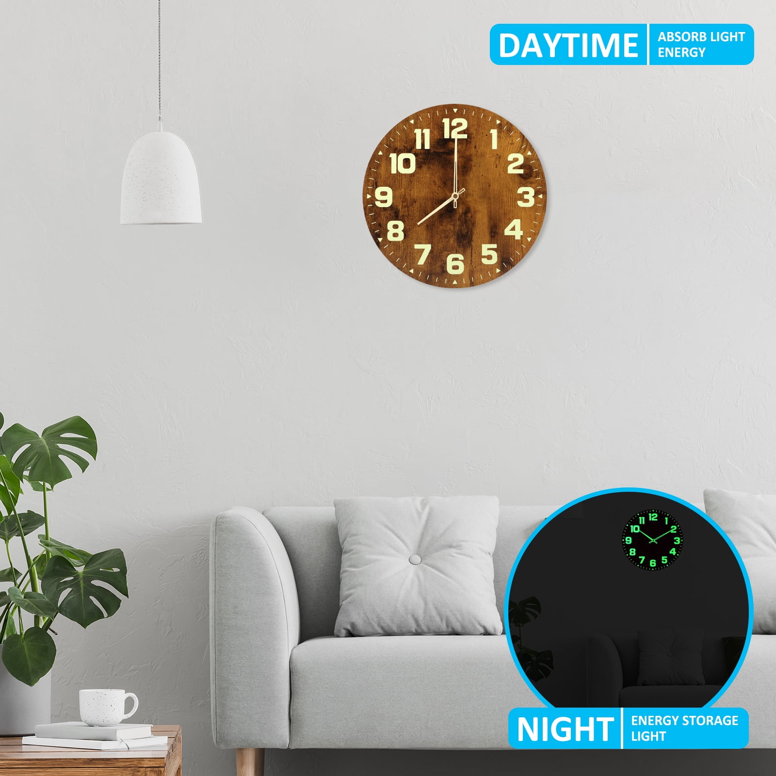 Zeokiar Luminous Wall Clocks Wooden Glow in The Dark Clock 12 inch Silent Non-Ticking Lighted Wall Clock Battery Operated Night Light Clock Home Decoration for Living Room Office Kitchen Bedroom