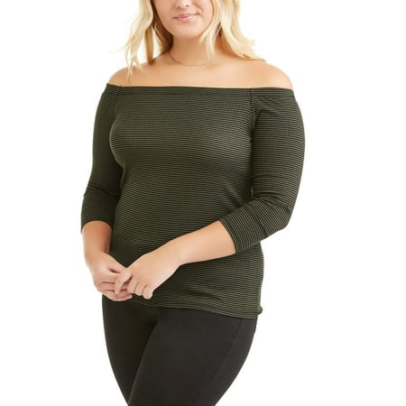 Juniors' Plus 3/4 Sleeve Off Shoulder Stripe Top