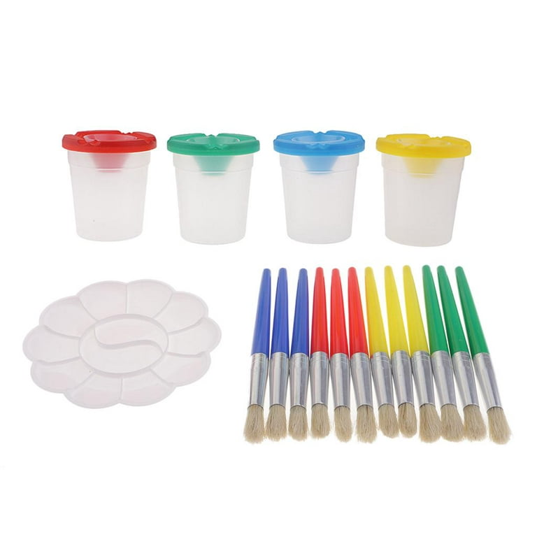 4 Pcs Paint Cups with Lids No Paint Cups with Paint Brushes and Paint Tray  s Cups for Kids, Toddlers, Children Art Class (Total 17 Pcs)