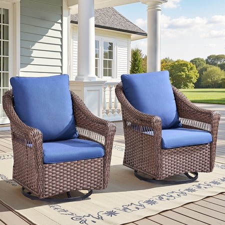 PPorfamilia Outdoor Swivel Chairs Set of 2, Patio PE Wicker Rocker Chairs with Removable Navy Cushions, All-Weather 2 PCS Chairs for Backyard Porch Deck Garden