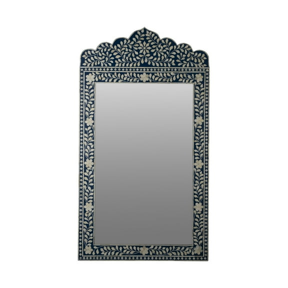 RUDRAKSHA CORPORATION Bone Inlay Mirror Frame, Rectangular with Arched Crown, Navy Blue Floral Design, Wall Mirror for Indian, Mughal, Bohemian, or Vintage Décor