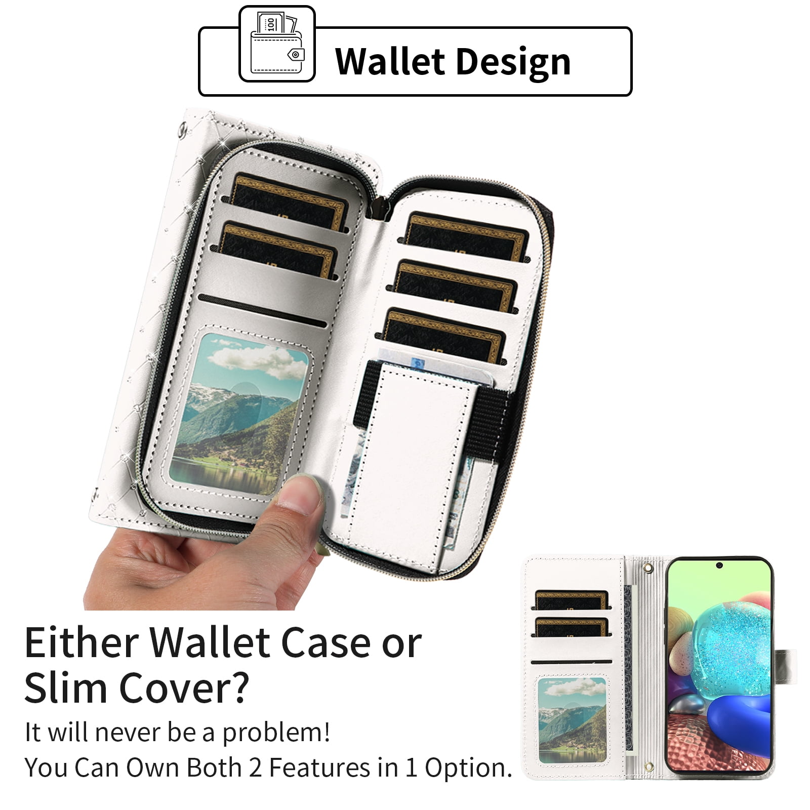 Compatible with Samsung Galaxy A71 5G Wallet Phone Case Tempered Glass Screen Protector Bling Glitter Crossbody Lanyard Strap Flip Zipper Purse Card Holder Cell Cover for A 71 G5 71A S71 Women White