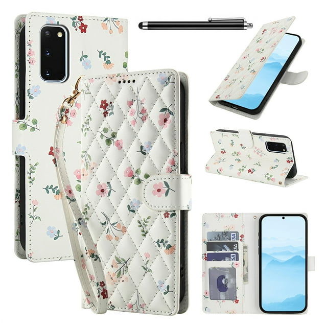 Wallet Case for Samsung Galaxy S20 Plus , PU Leather Phone Cover Kickstand RFID Blocking Flip Case Card Slots Wrist Strap Relief Engraved Pattern Magnetic With Stylus Pen, Pink Flower