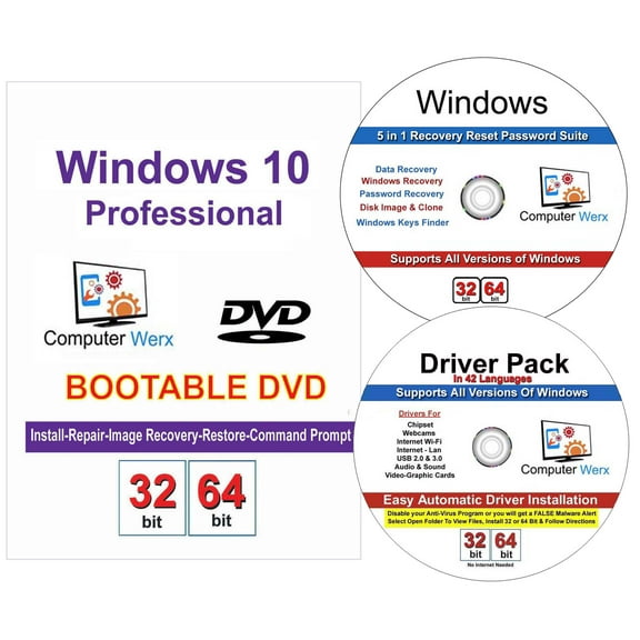 Computer Werx Windows 10 Professional, 32/64 Bit (PC Disc) 1 User