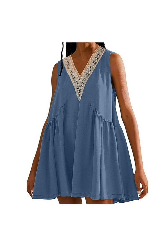 Women's V-Neck Sleeveless Babydoll Dress, Solid Color, Casual Weekend & Party Wear, Lightweight Polyester