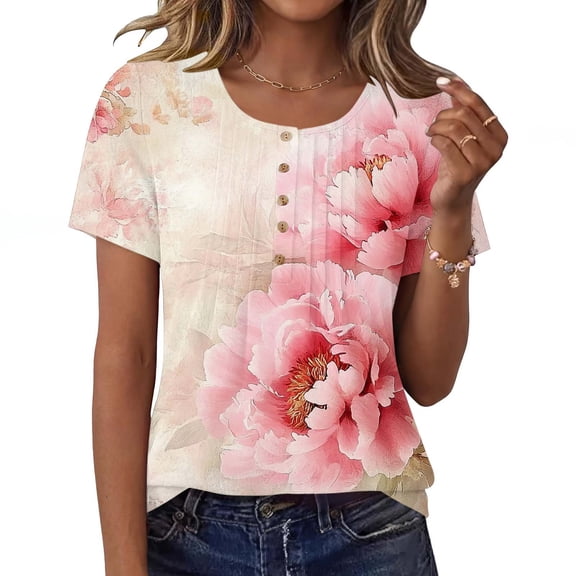 Craaazy Womens Loose Floral Printed Pleated Henley Blouse Crewneck Short Sleeve Button Accent Top for Daily Wear Summer Outings Gifts