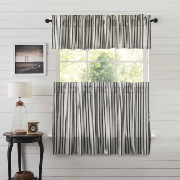 VHC Brands Ashmont 3 PC Charcoal Grey Ticking Stripe Curtain Set (1 Valance 16x72 and 2 Tier 36x36)