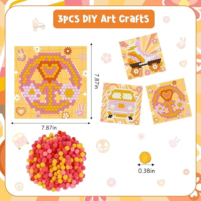 CORNER LACE Groovy Theme DIY Pom Pom Art Set for Kids Age 3-6 Years Old 3 Pieces - Fun Arts and Crafts, Sensory Activity Creativity Birthday Christmas Gift Includes 3 Patterns