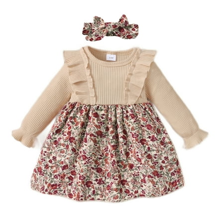 

NZRVAWS Baby Girls Outfits Floral Print Splice Round Neck Long Sleeve Dress +Headband 2Pcs Clothes Set 9-12 Months Apricot