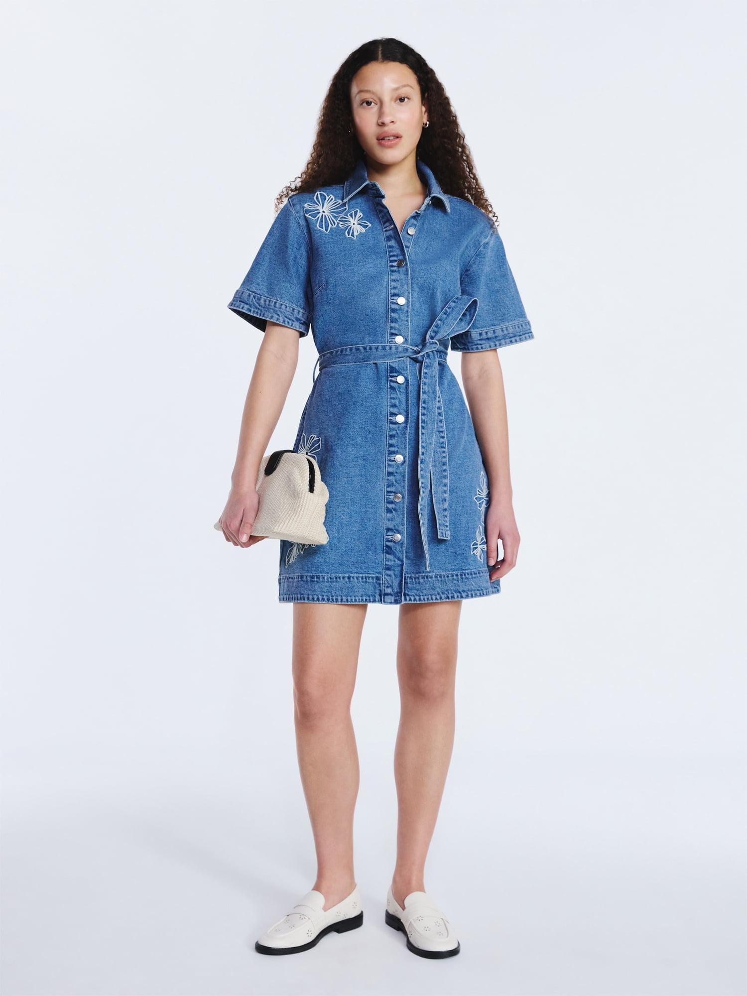 Free Assembly Women's and Women's Plus Embroidered Denim Mini Shirtdress with Belt, Sizes XS-4X