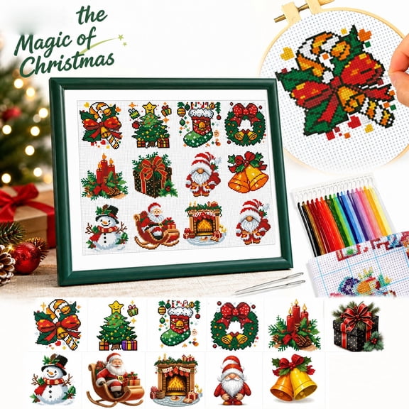 12 Pcs Christmas Cross Stitch Kits for Kids, Cute Holiday Designs for Beginners, DIY Embroidery Craft Set for Adults Kids, Holiday Wall Decor