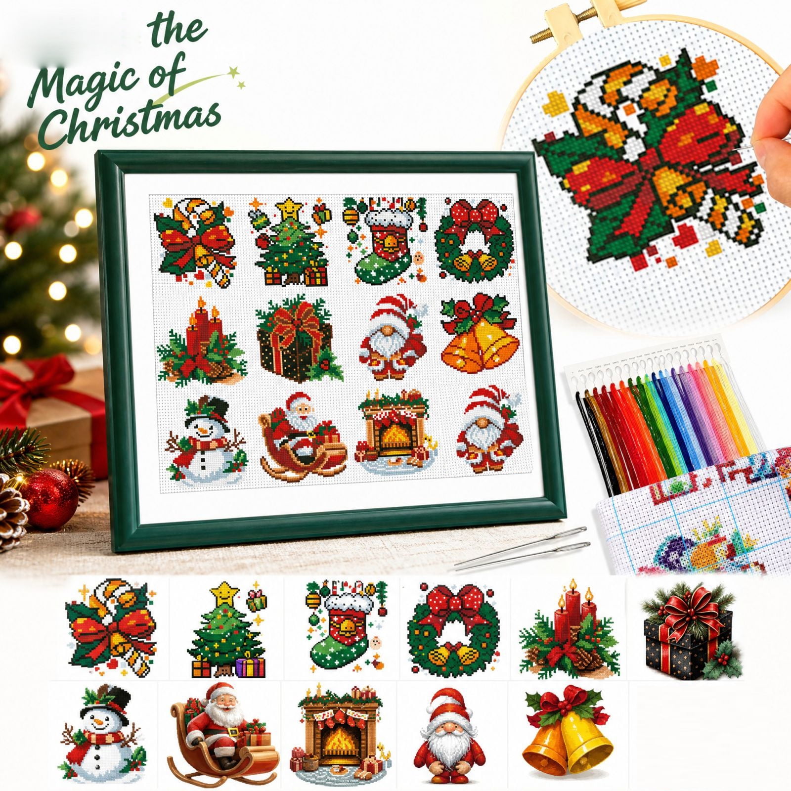 Christmas Counted Cross Stitch Kit 12 Festive Holiday Designs for Beginners Adults Kids Home Decor Craft Gift
