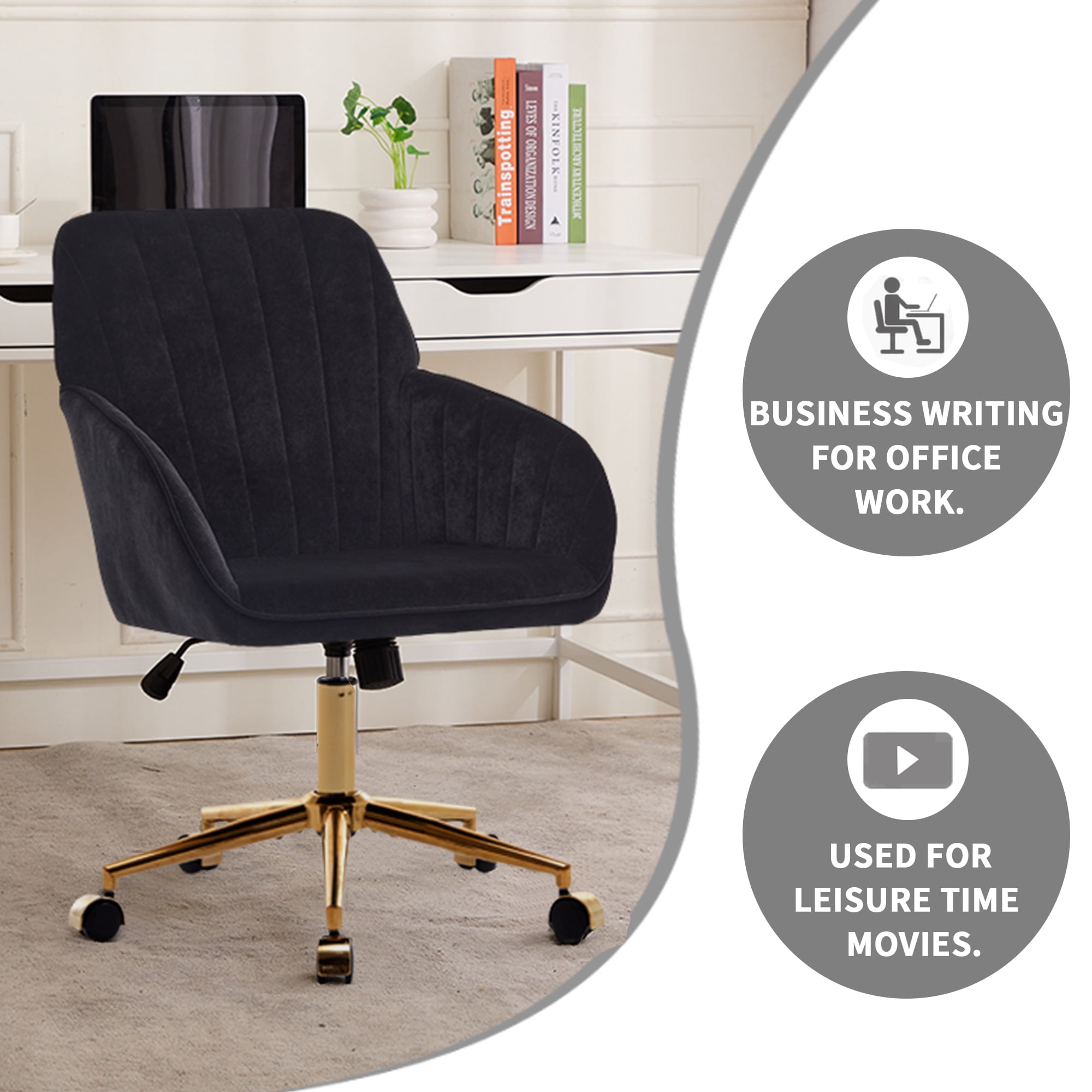 Peispie Velvet Office Chair 300lbs, Mid Back Vanity Chair, Modern Swivel Desk Chair with Gold Base, Upholstered Computer Task Chair for Bedroom, Black