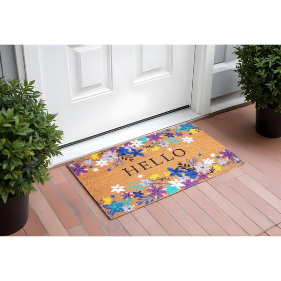 24" X 36" Natural Blue and Purple Coir Floral Hello Outdoor Door Mat