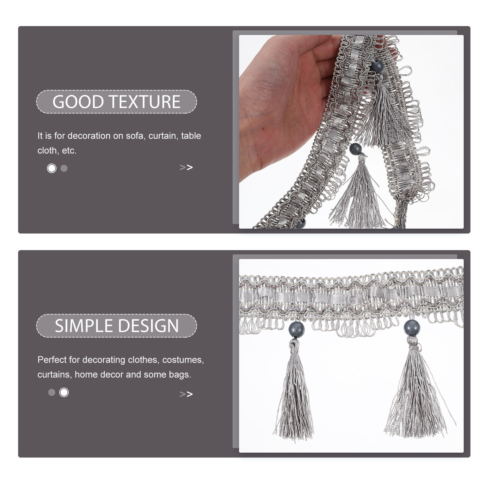 DINHEAROM Grey Polyester Fringe Trim for Curtain Decorative Sewing Sofa Cushion Home Decor
