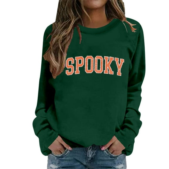 Arlun Halloween Spooky Sweatshirts Womens Classic Spooky Letter Printed Long Sleeve Sweatshirt Loose Comfy Crewneck Hoodless Pullover Tops Fall Winter 2025 Green S