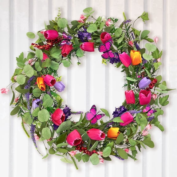AcerichFad Spring Wreath Decor, 22 Inch Artificial Tulips Wreaths for Front Door Indoor Outdoor Home Spring Summer Decoration