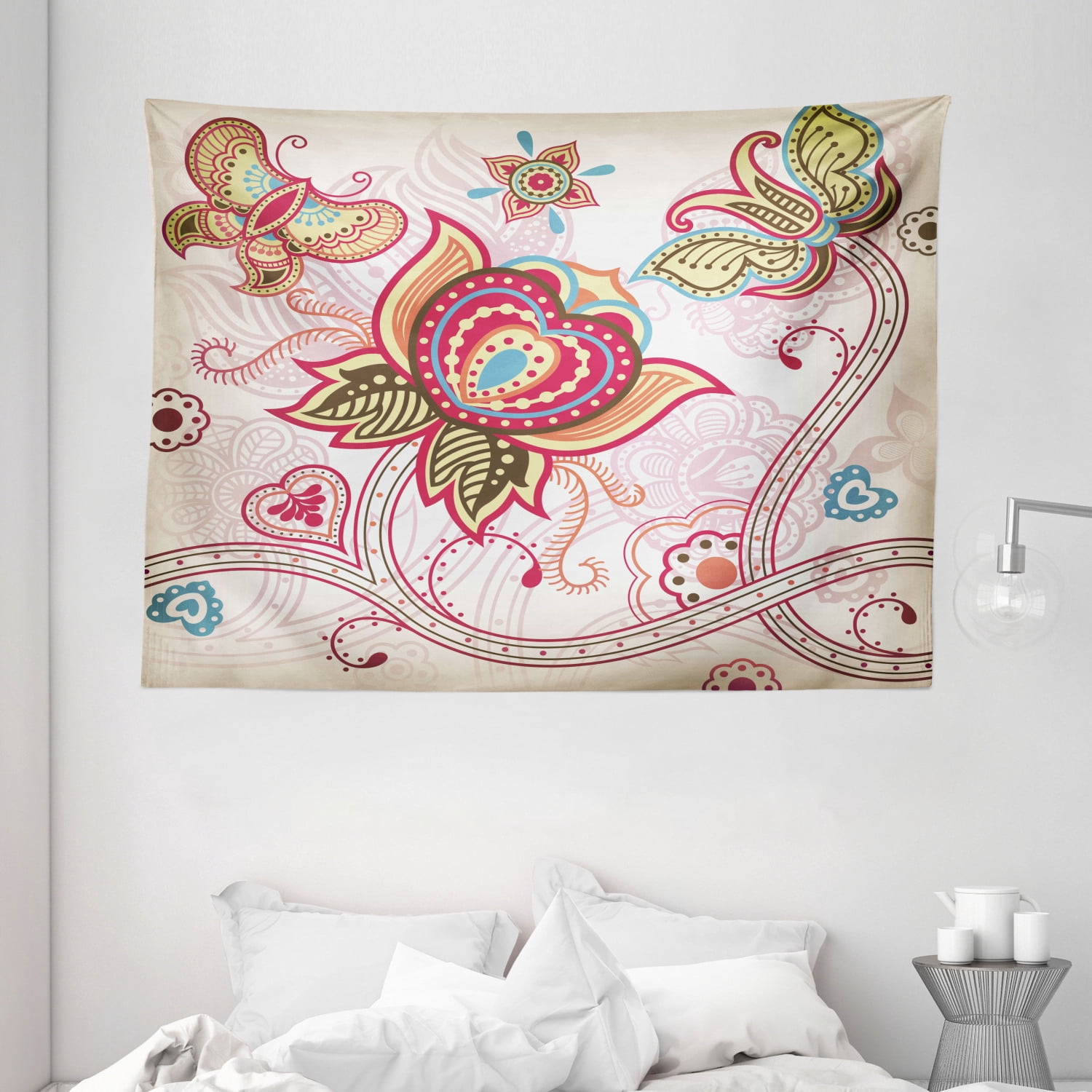 Floral Tapestry, Embellished Flower and Butterfly Figures in Asian