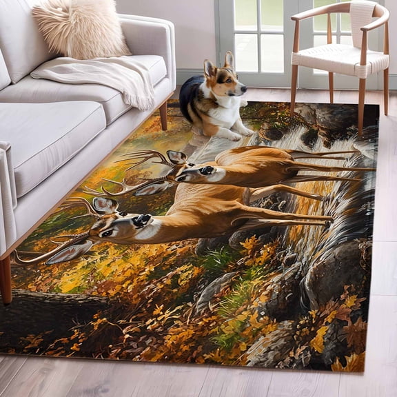 Orange Autumn Deer Area Rug 4x6 Washable Rug Non Slip Vintage Forest River Large Area Rug Indoor Floor Carpet for Entryway Bedroom Kitchen Living Room Home Office Dining Room Nursery