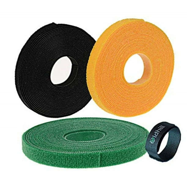Oldhill Fastening Tapes Hook and Loop Reusable Straps Wires Cords Cable Ties  - 1/2 Width, 15' x 3 Rolls (Black, Green, Yellow) 