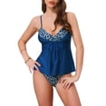 thumbnail image 1 of INSPIRAR CHIC Conjunto de Bikini de Dos Piezas con Ropa de Baño de Leopardo y Colorblock de Cobertura Completa para Mujeres, Top Largo con Volantes, Grande, Azul Marino, 1 of 5