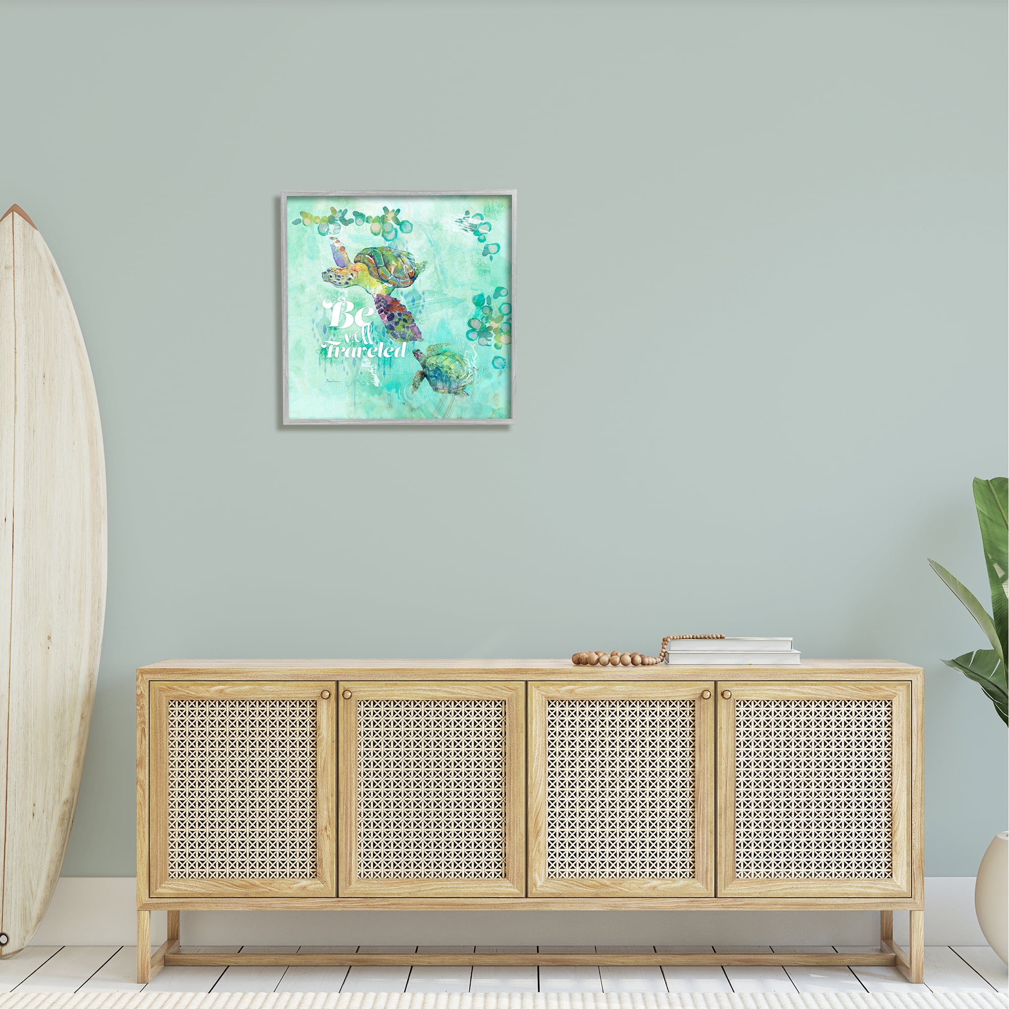 Stupell Be Well Traveled Sea Turtle Swimming Landscape Painting Gray Framed Art Print Wall Art