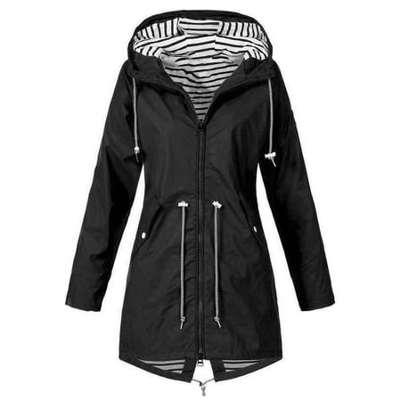 Summer Savings Clearance! SHOPESSA Women Solid Rain Jacket Outdoor Plus Size Waterproof Hooded Windproof Loose Coat