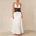 thumbnail image 4 of Aimik Women's Satin Lace Maxi Dress Summer Halter Deep V Solid Color Maxi Dress Silky Formal Tunic Evening Long Gown, 4 of 5
