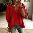 thumbnail image 2 of Women's V Neck 3/4 Sleeve Tops Casual Summer T Shirts Loose Fit Button Vacation Blouses Tops by Yigetop Red 2XL, 2 of 8