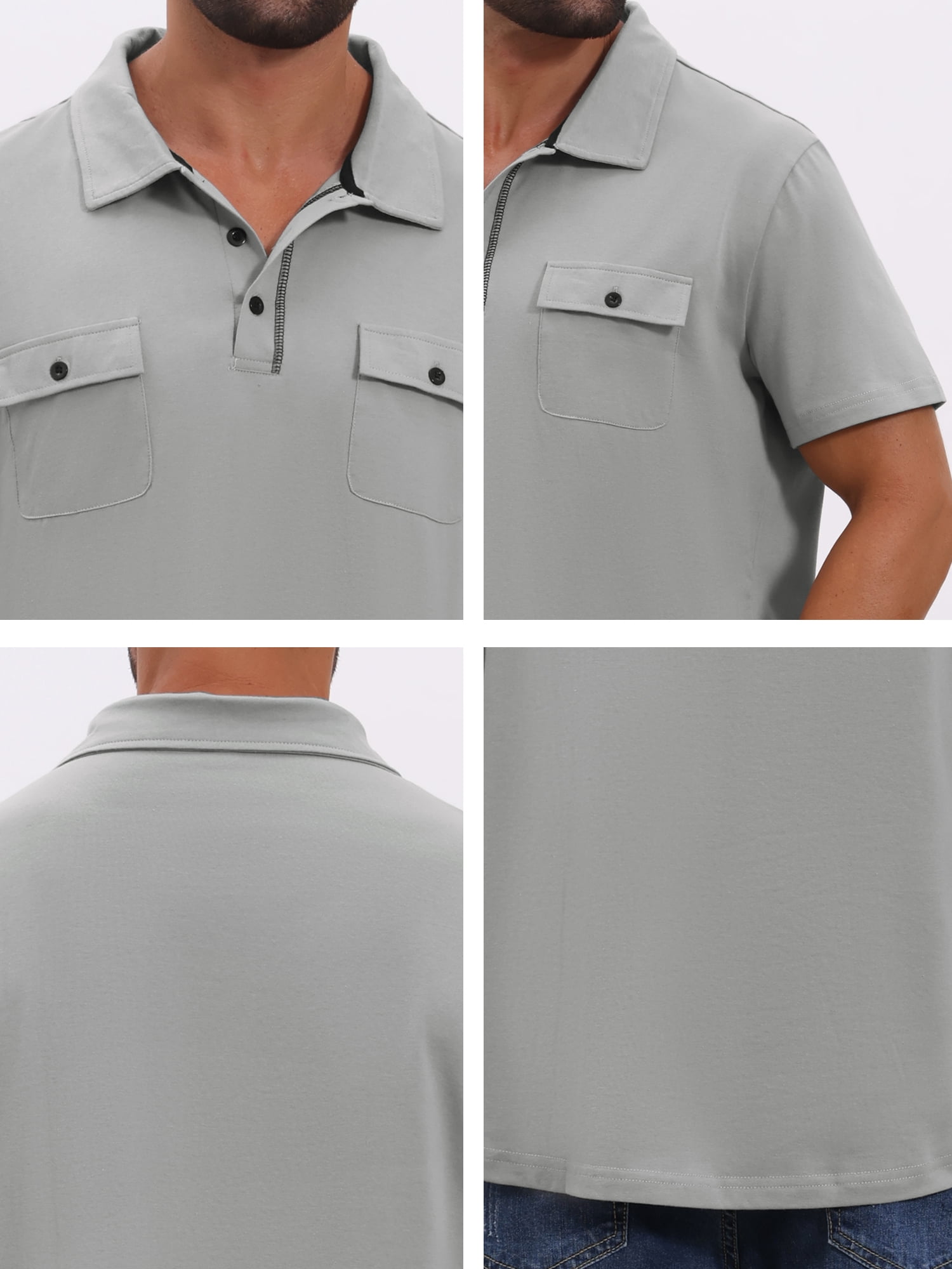 DARING DIVA Men's Collared Short Sleeve Double Chest Pockets Polo Shirt 2XL Light Gray