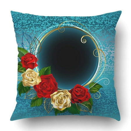 - ARTJIA Bloom Round With Gold And Red Roses On Blue Brocade Design With Golden Brooch Pillowcase Cover Cushion 18x18 inch